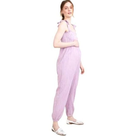 Hatch Maternity Jumpsuit JOJO Purple Stripe Smocked Tie Shoulder SZ 3 (L 10/12) - Picture 1 of 5